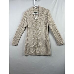 Aran Crafts Cardigan Women XS Oatmeal Beige Merino Wool Cable Knit Ireland